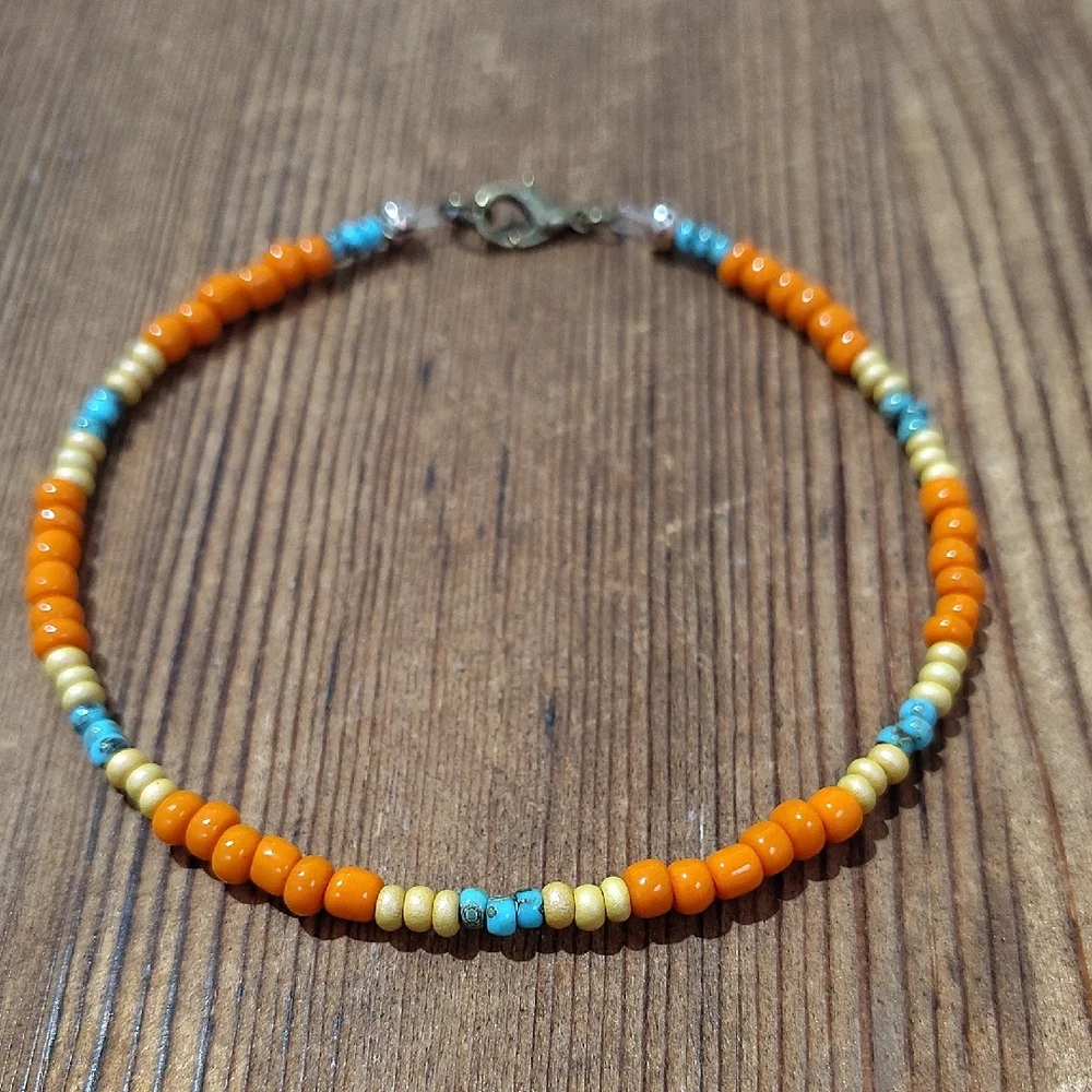 Orange and Turquoise Beaded Bracelet, Handmade Men's Bracelet 9 Inches Long - Picture 1 of 6